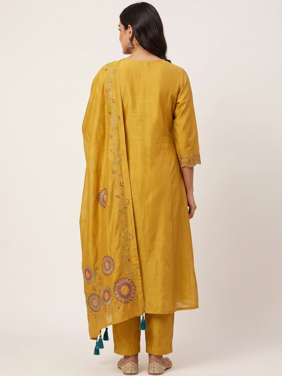 Mustard Chanderi Silk Floral Embroidered Salwar Suit Set - Image 5