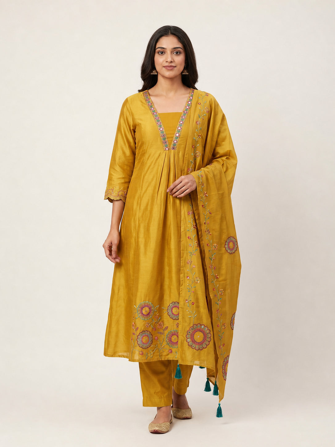 Mustard Chanderi Silk Floral Embroidered Salwar Suit Set - Image 1