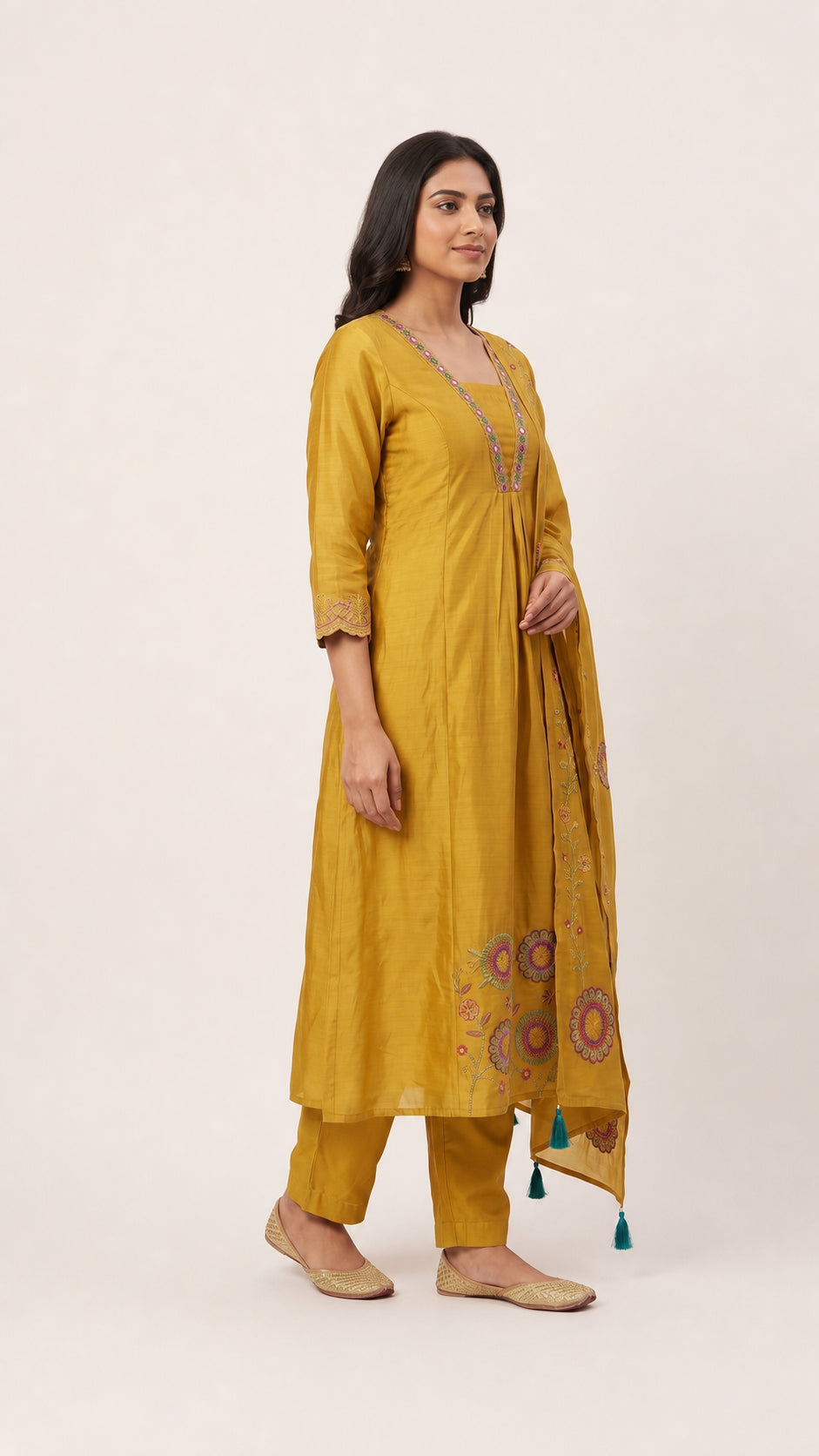Mustard Chanderi Silk Floral Embroidered Salwar Suit Set - Image 4
