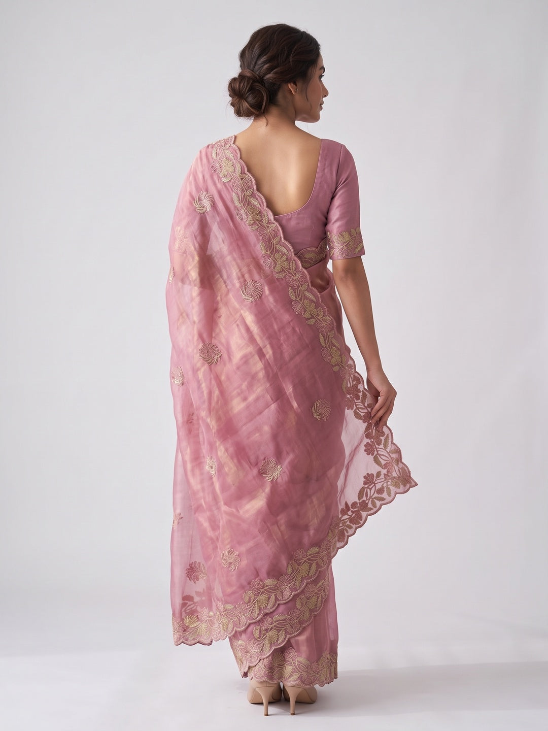 Elegant Pink Satin Embroidered Saree with Intricate Floral Motifs - Image 2