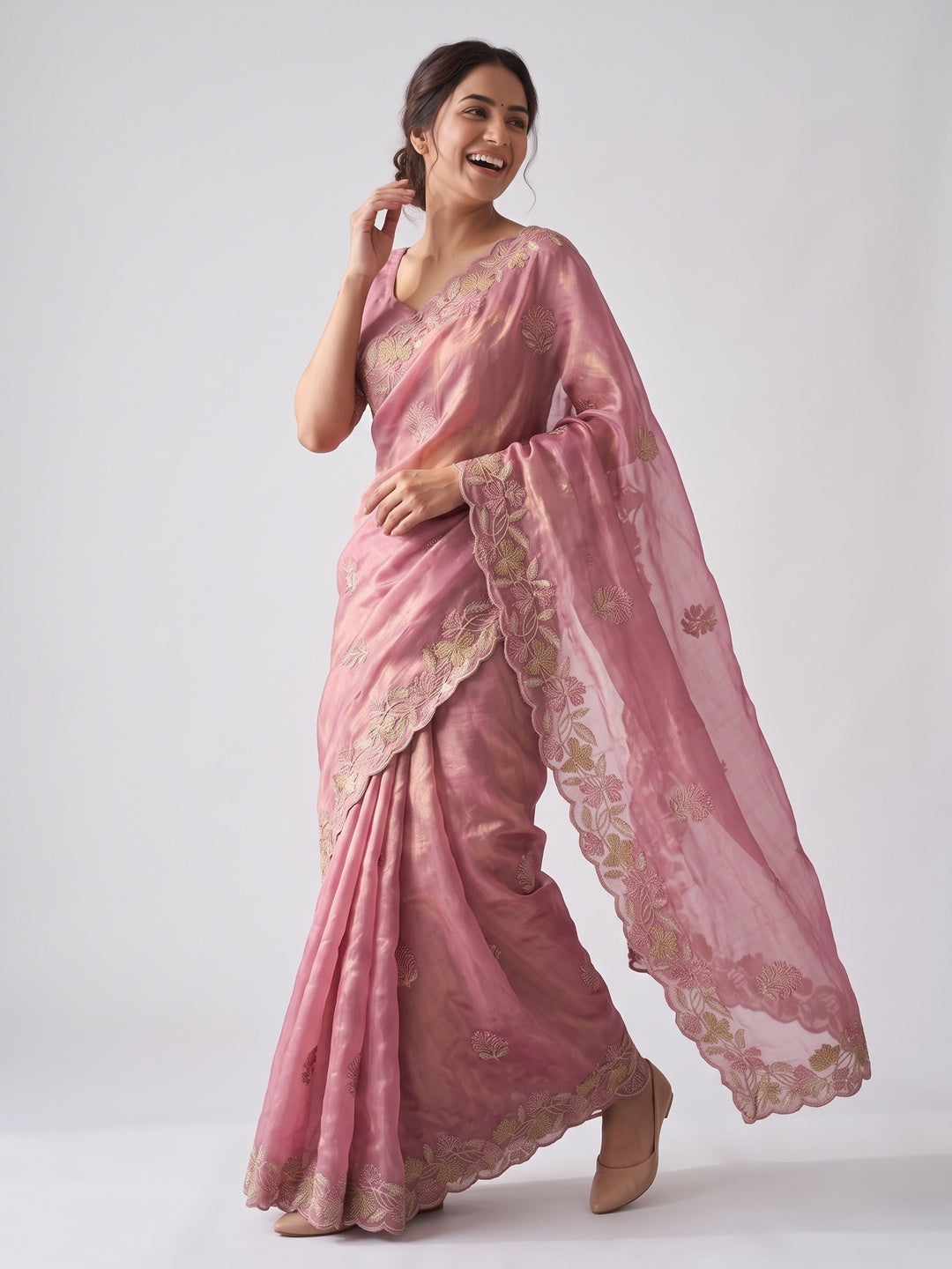 Elegant Pink Satin Embroidered Saree with Intricate Floral Motifs - Image 4
