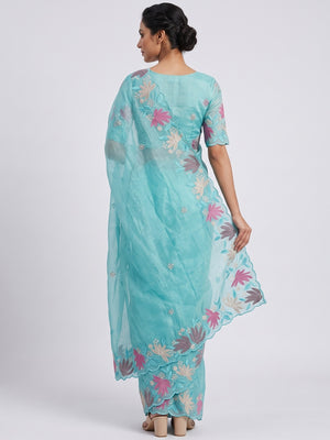 Turquoise Organza Party Saree with Intricate Floral Embroidery - Image 2
