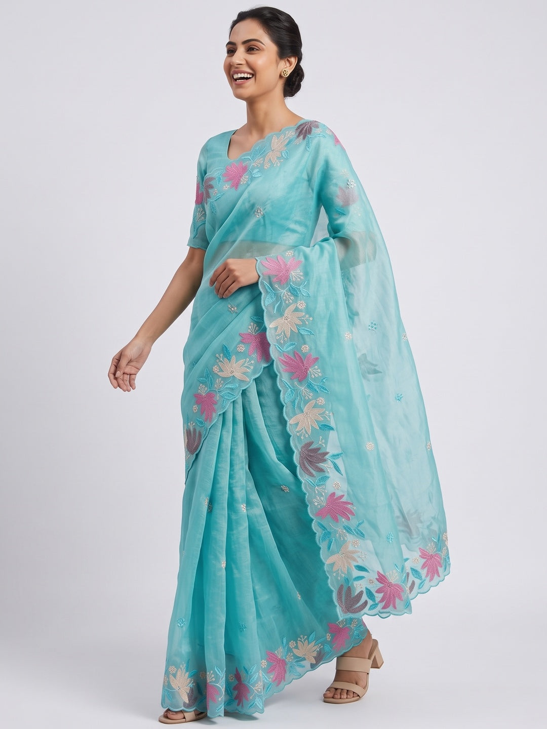 Turquoise Organza Party Saree with Intricate Floral Embroidery - Image 4