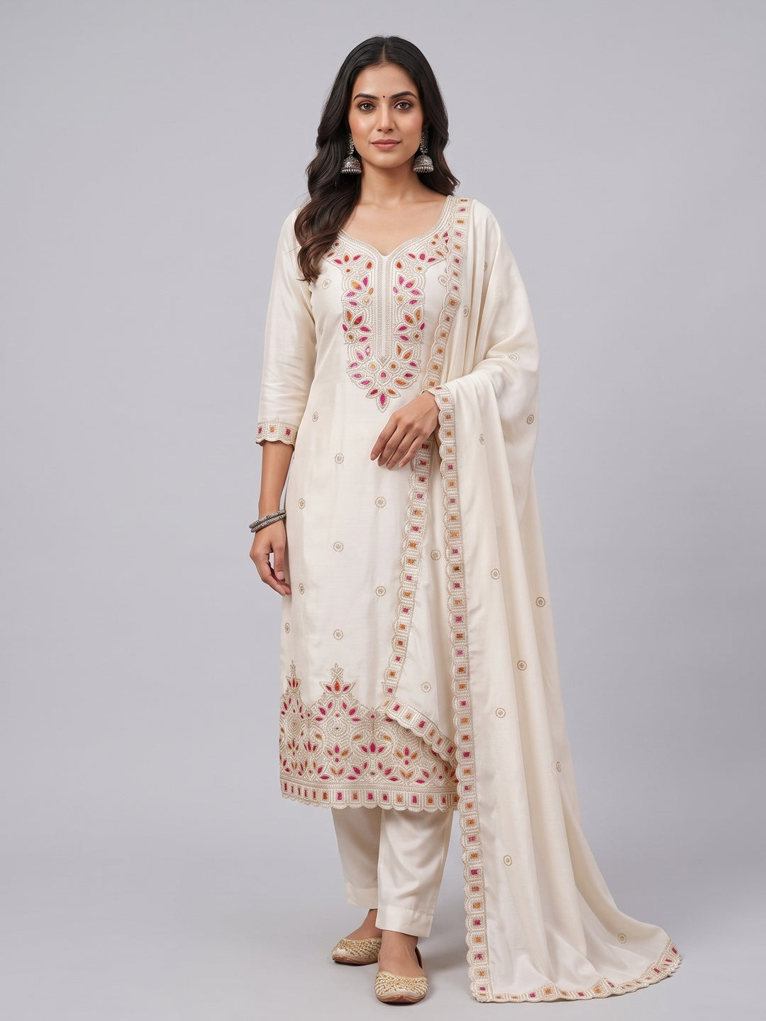 Off White Thread Embroidered Vichitra Silk Dress Material - Image 2