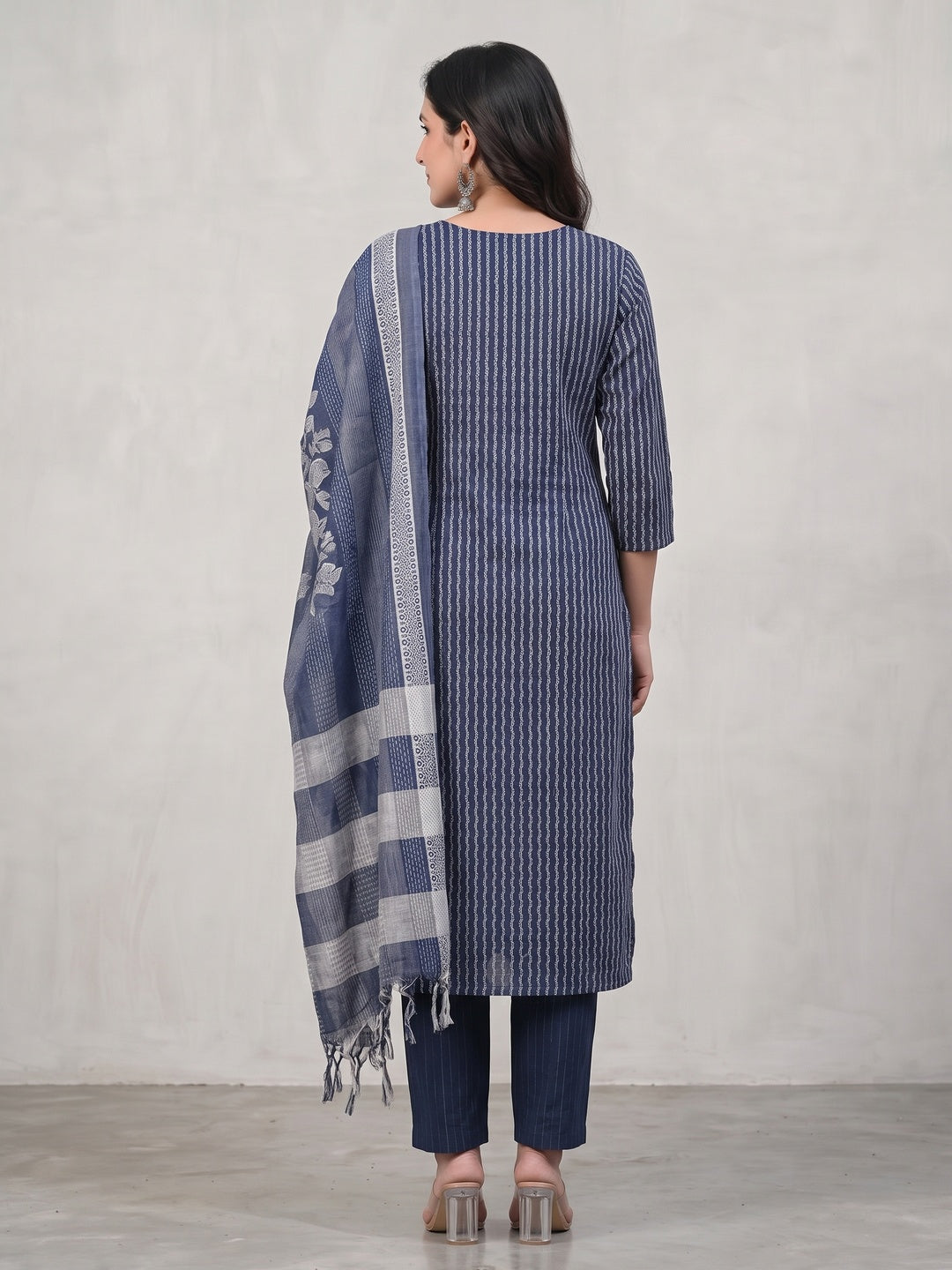 Blue Striped Cotton Blend Straight Kurta Set with Matching Dupatta - Image 4