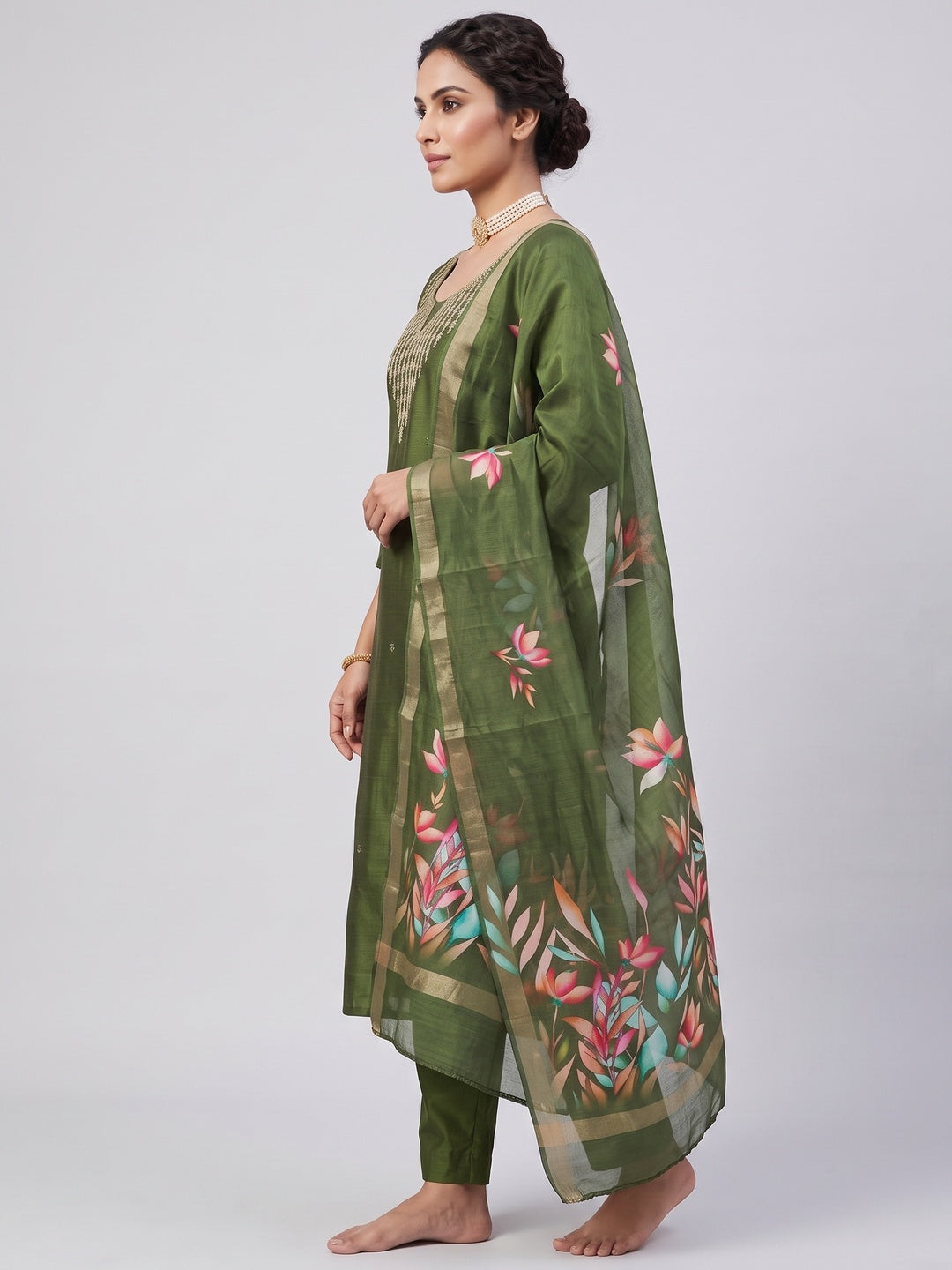 Festive Green Floral Embroidered Art Silk Dress Material with Fine Thread Work - Image 3