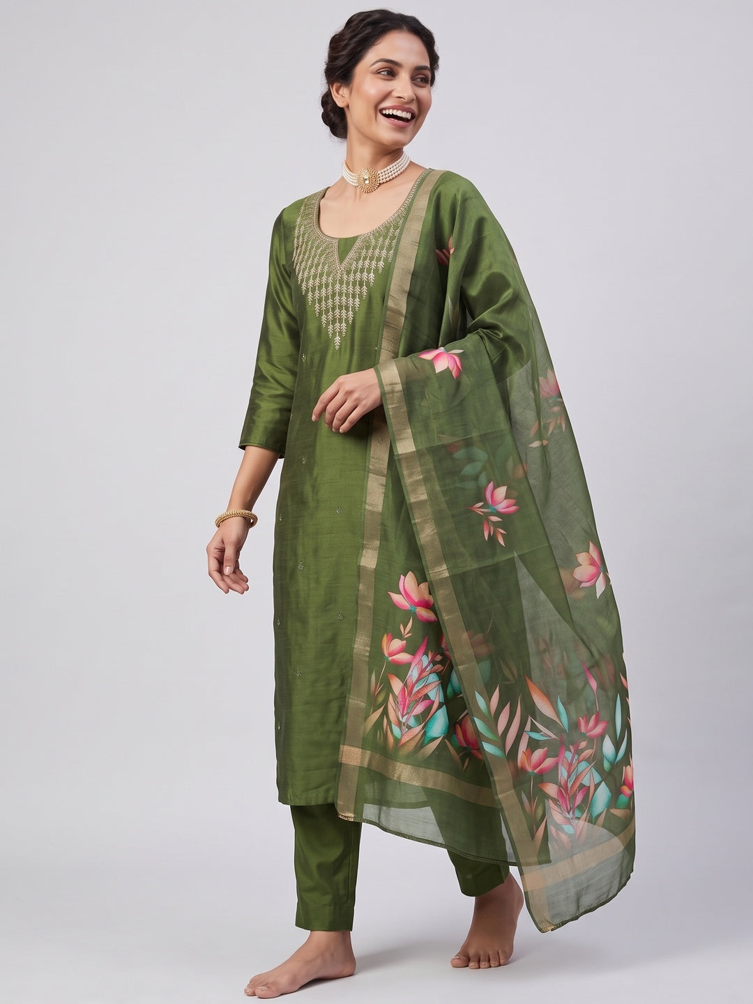 Festive Green Floral Embroidered Art Silk Dress Material with Fine Thread Work - Image 4