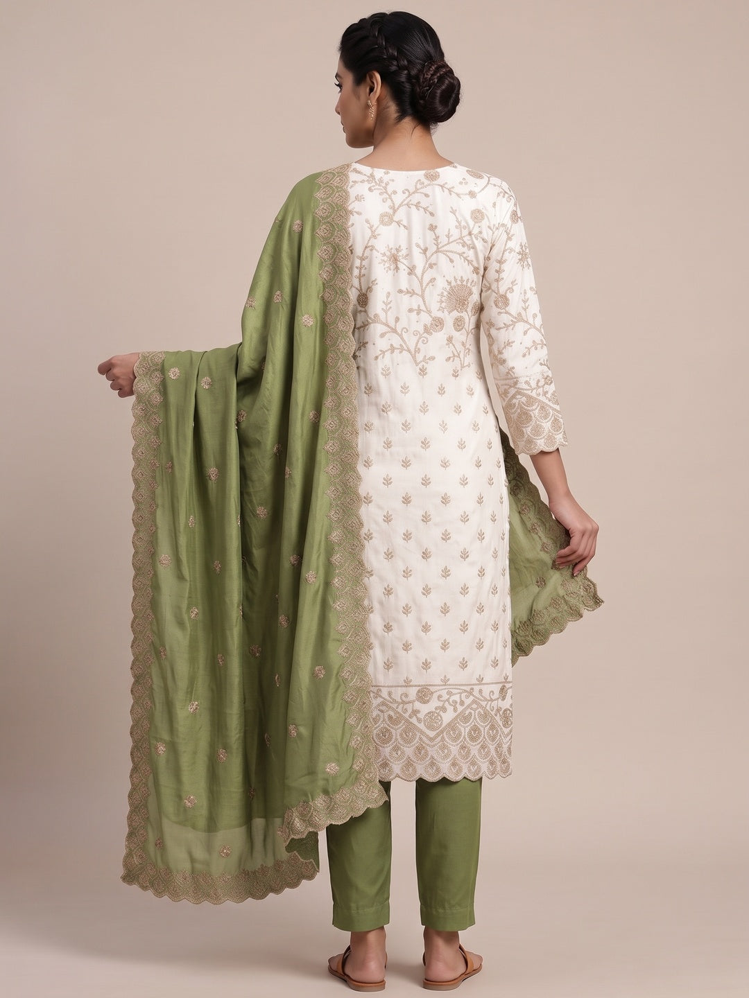 Off White Green Thread Motifs Vichitra Silk Unstitched Salwar Material - Image 2