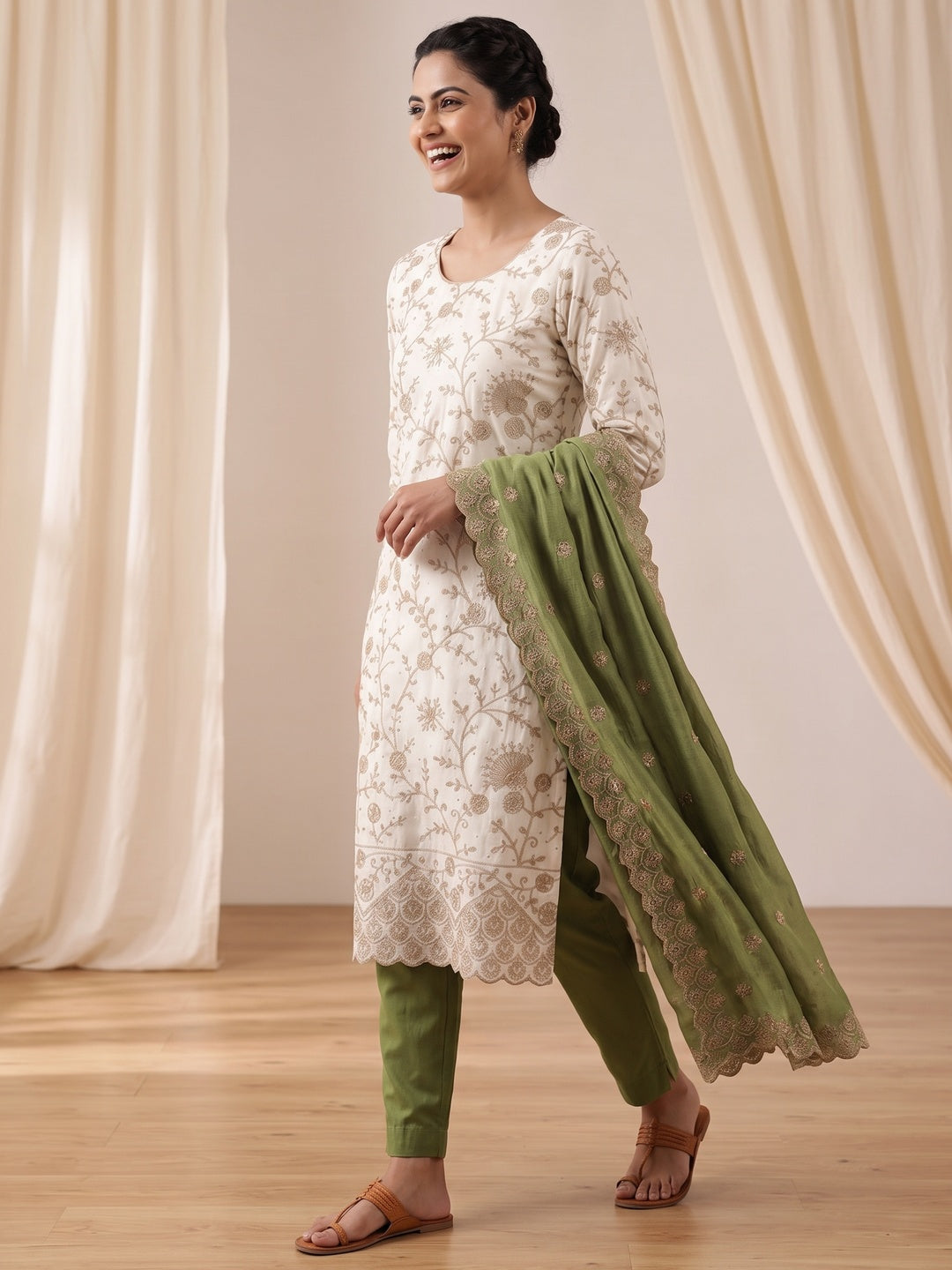 Off White Green Thread Motifs Vichitra Silk Unstitched Salwar Material - Image 4