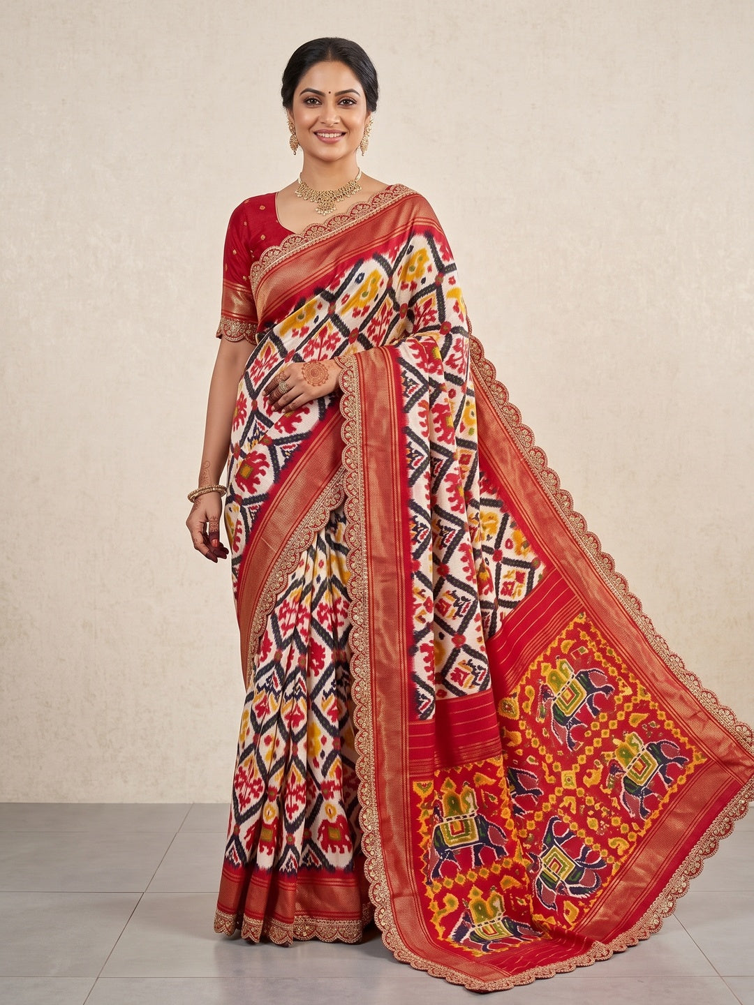 Off White & Red Ikkat Printed Dola Silk Saree With Sequins Embroidery Border - Image 3