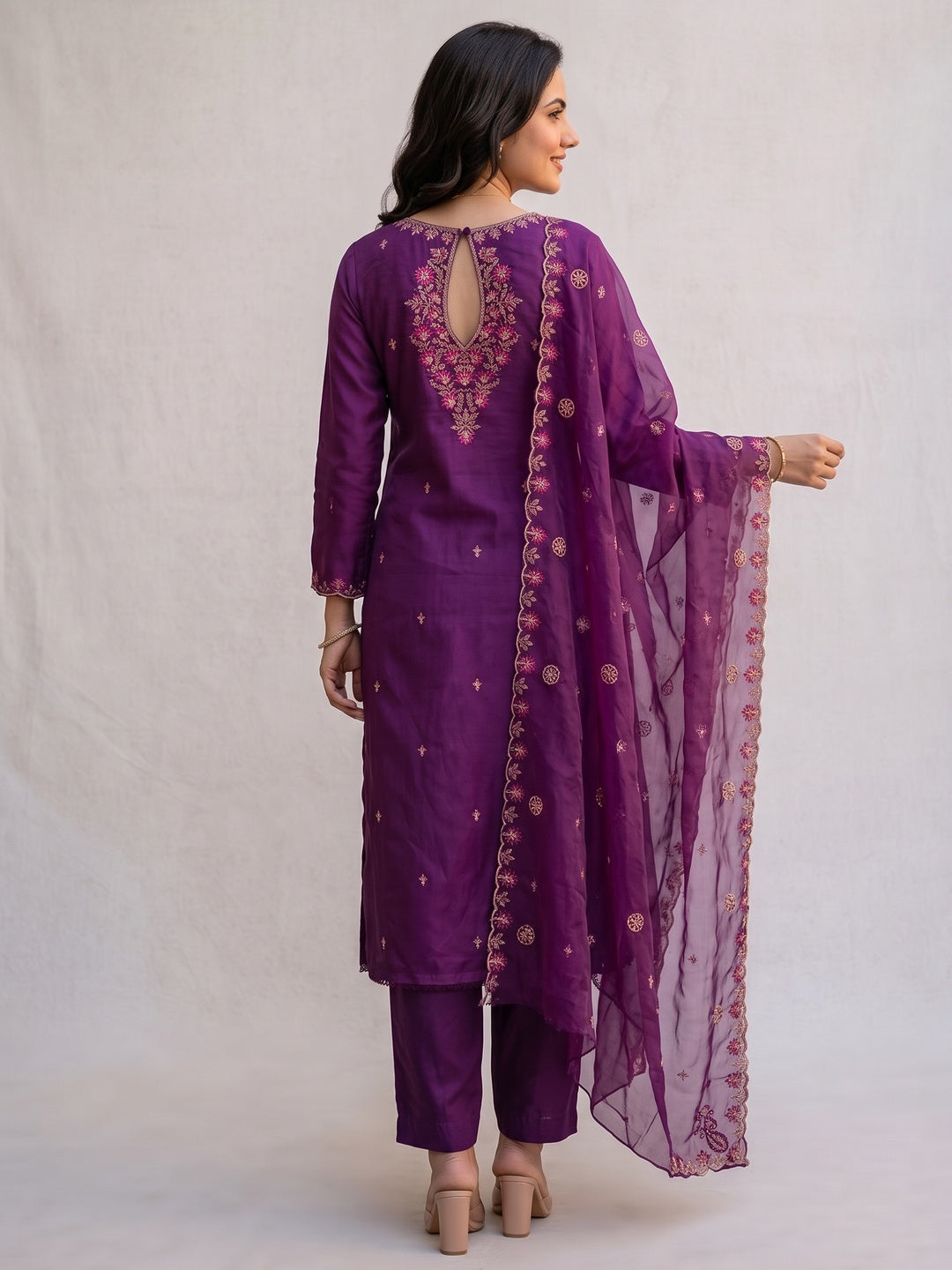 Elegant Purple Art Silk Floral Embroidered Dress Material Set - Image 2