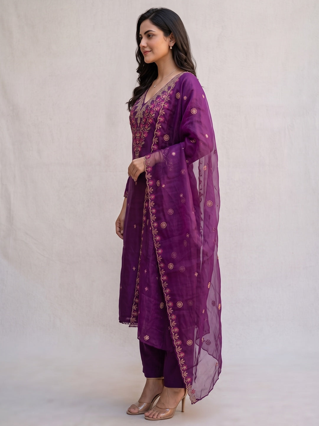 Elegant Purple Art Silk Floral Embroidered Dress Material Set - Image 3