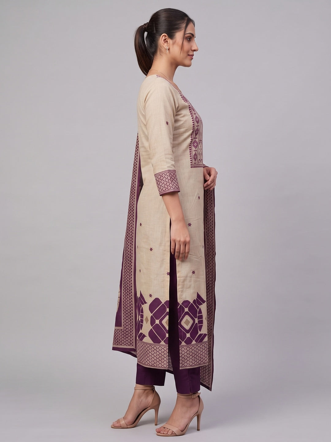 Peachmode Purple Cotton Dress Material with Geometric - Image 4