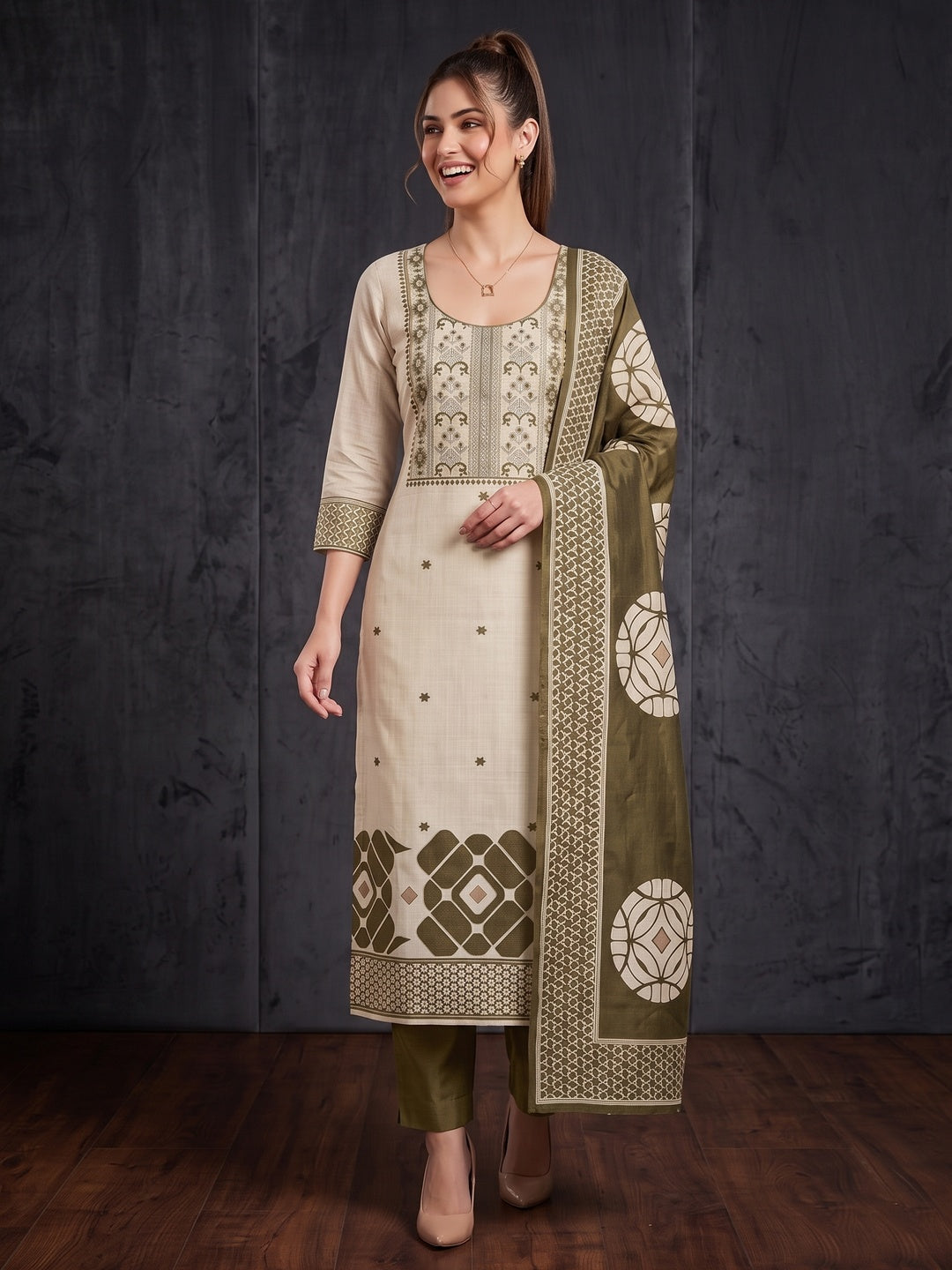 Peachmode Green Cotton Dress Material with Geometric - Image 5