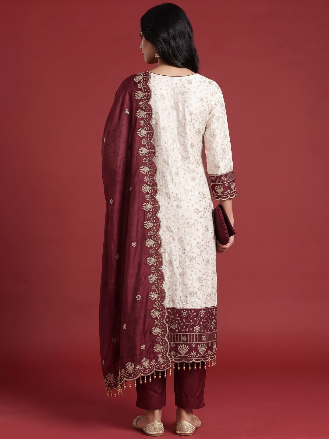 Chic OffWhite & Maroon Vichitra Silk Dress Material Adorned With Floral Embroidery - Image 2