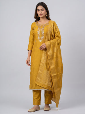 Mustard Shimmer Unstitched Dress Material with Exquisite Sequins Work - Image 2
