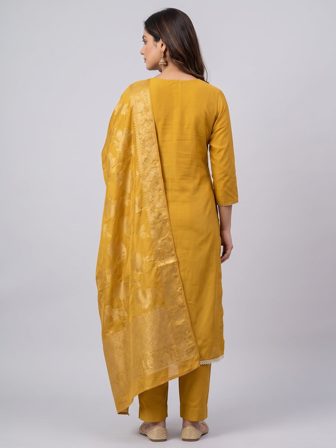 Mustard Shimmer Unstitched Dress Material with Exquisite Sequins Work - Image 3