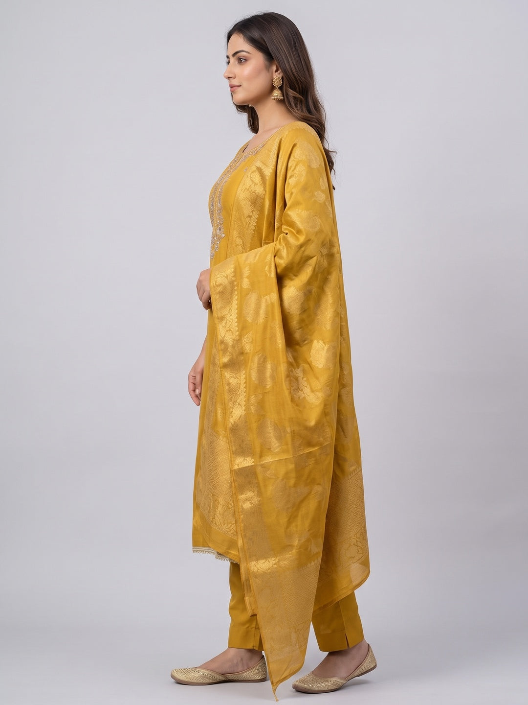 Mustard Shimmer Unstitched Dress Material with Exquisite Sequins Work - Image 4