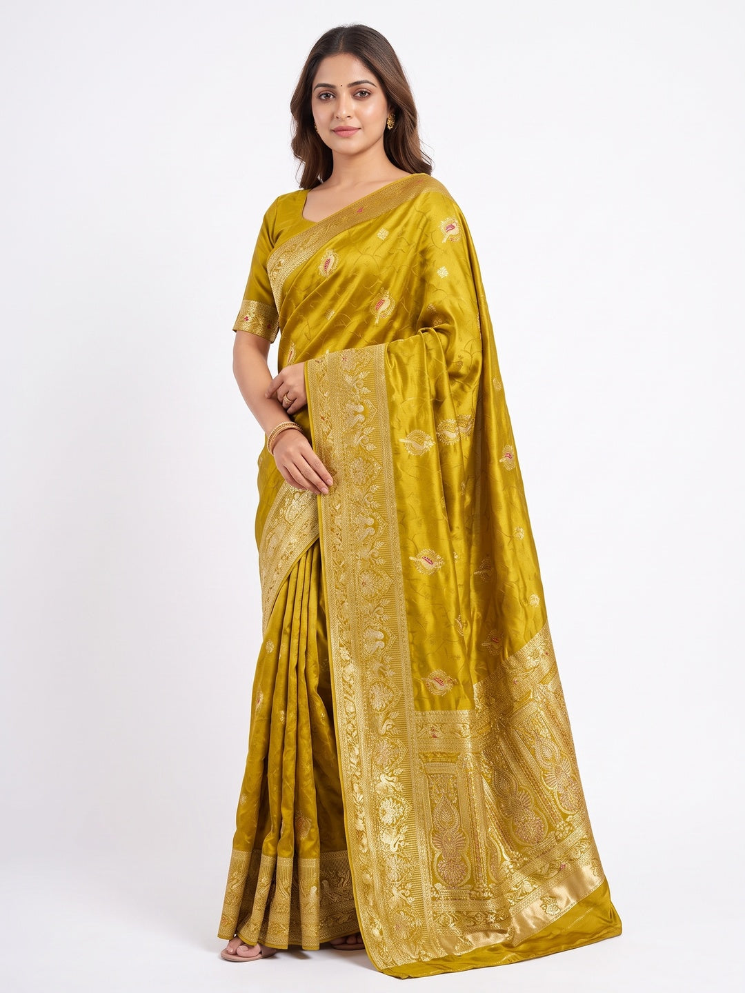 Elegant Olive Organza Satin Silk Zari Work Saree - Image 1