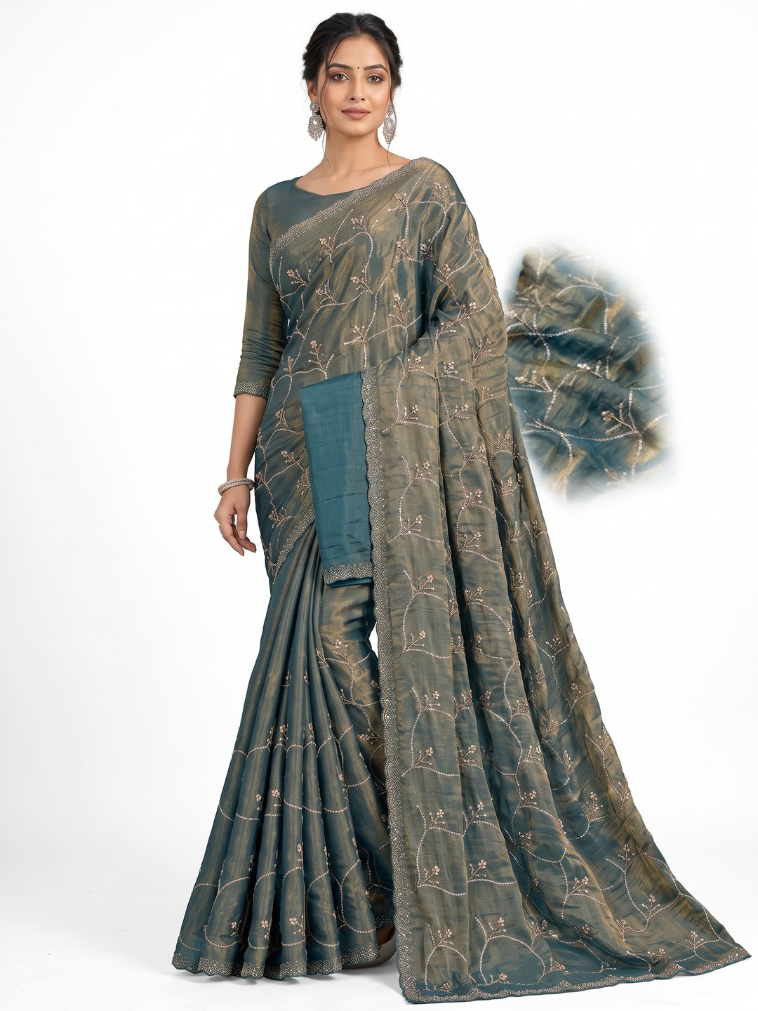Peachmode Teal Satin Silk Saree with Stone Work Border - Image 4