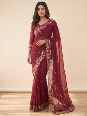 Maroon Georgette Saree with Heavy Coding Floral Thread Embroidery Work - Image 1