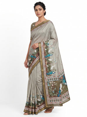 Grey Digital Printed Dola Silk Saree With Royal Floral & Peacock Motifs - Image 1