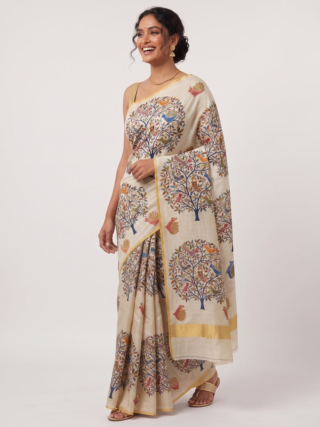 Ethnic Beige Tussar Silk Saree with Detailed Tree of Life Printed Motifs - Image 4
