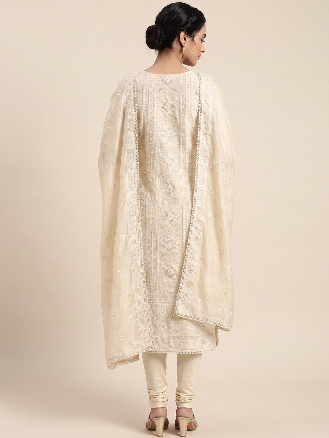 Cream Lucknowi Embroidery Work Dress Material Crafted In Premium Modal Chanderi Silk - Image 2