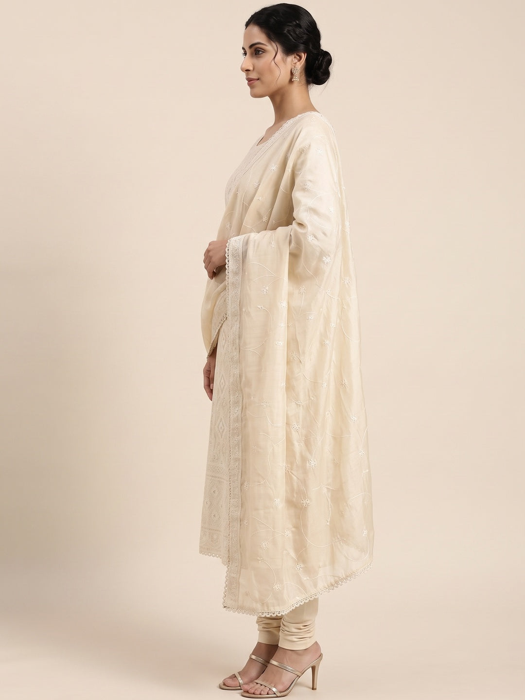 Cream Lucknowi Embroidery Work Dress Material Crafted In Premium Modal Chanderi Silk - Image 3