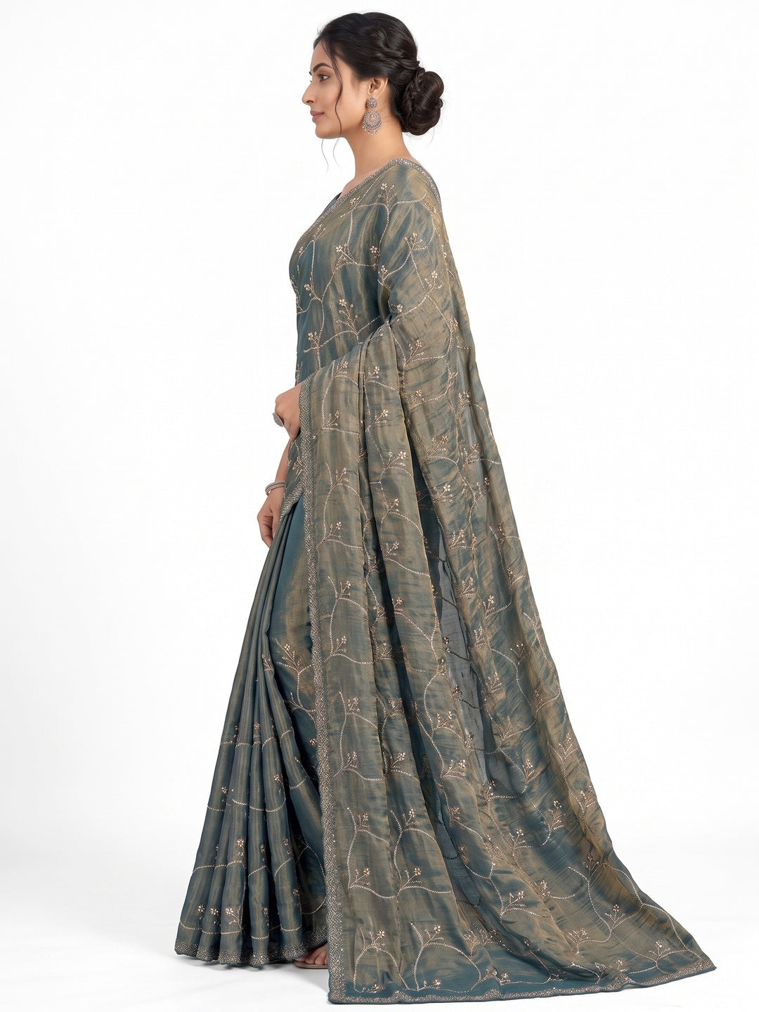 Peachmode Teal Satin Silk Saree with Stone Work Border - Image 6