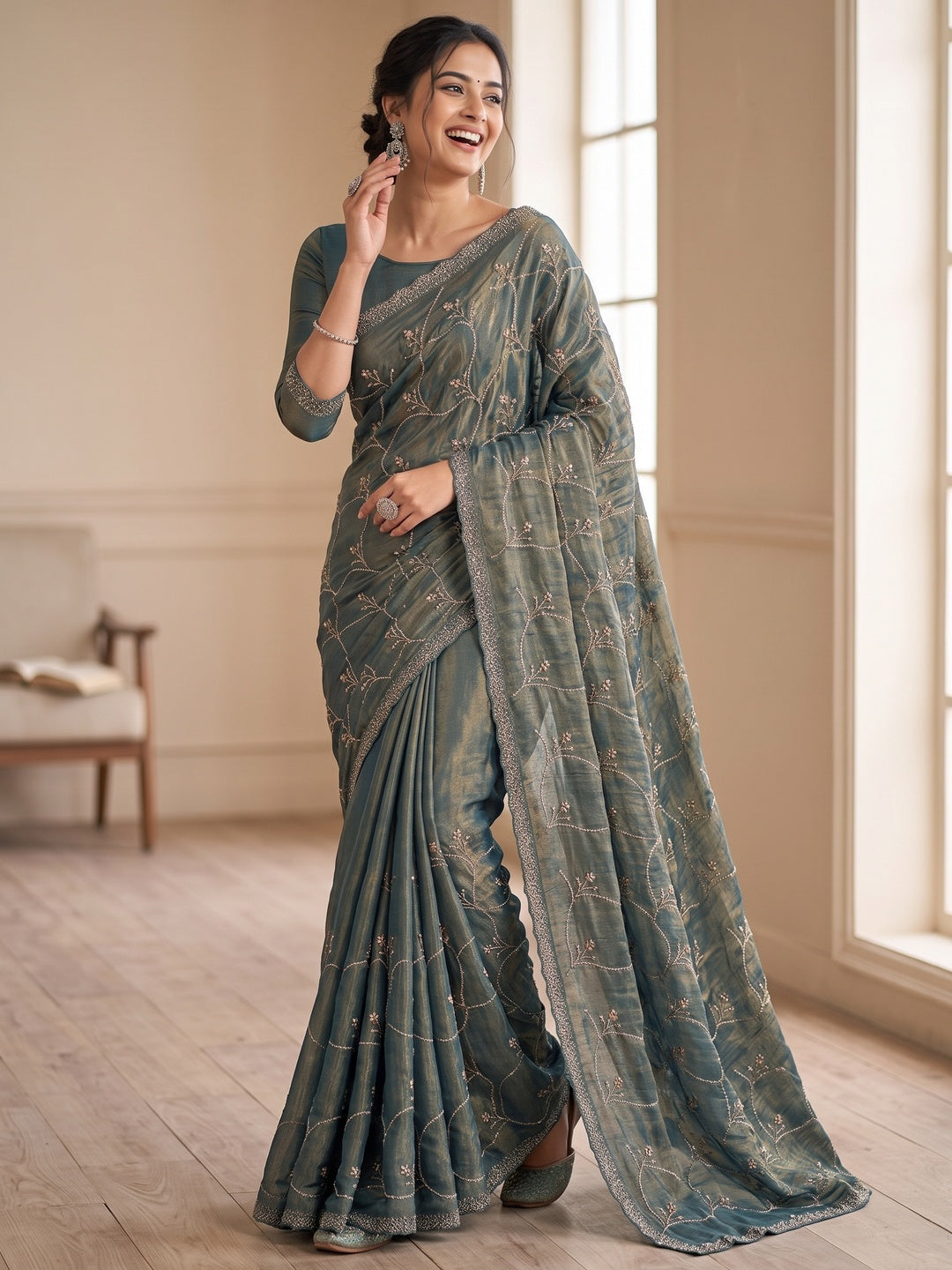 Peachmode Teal Satin Silk Saree with Stone Work Border - Image 7