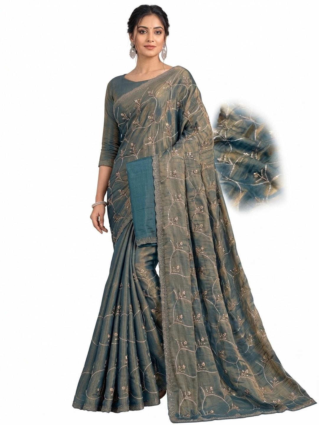 Peachmode Teal Satin Silk Saree with Stone Work Border - Image 8