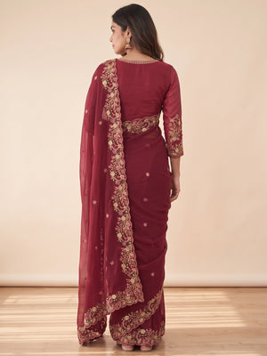 Maroon Georgette Saree with Heavy Coding Floral Thread Embroidery Work - Image 2