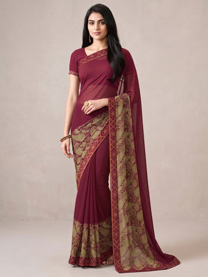 Maroon Printed Georgette Saree With Lace Border - Image 1