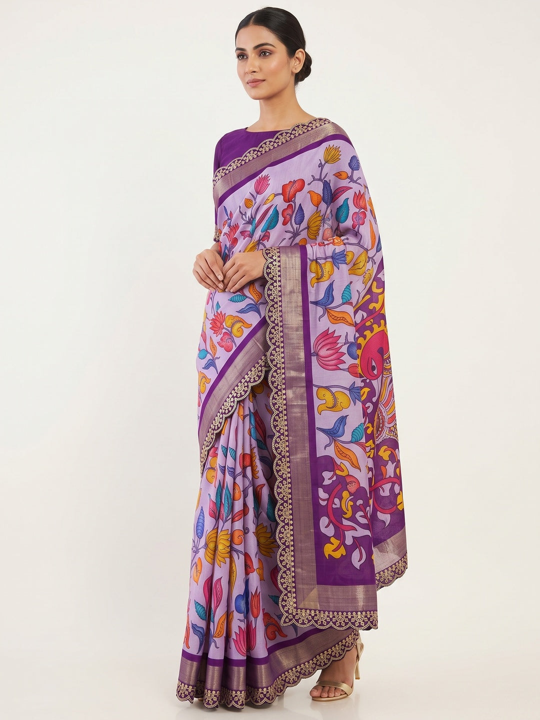 Lavender Floral Printed Dola Silk Saree With Sequins Border - Image 1
