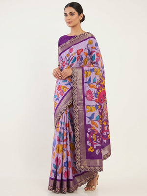 Lavender Floral Printed Dola Silk Saree With Sequins Border - Image 1