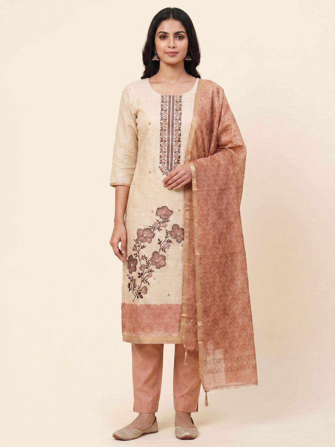 Peachmode Peach Linen Dress Material with Floral Print - Image 1
