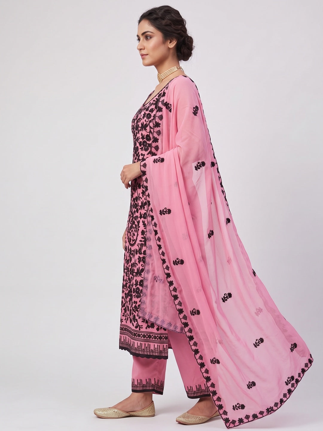 Designer Pink Floral Embroidered Georgette Material for Stylish Dresses and Outfits - Image 3