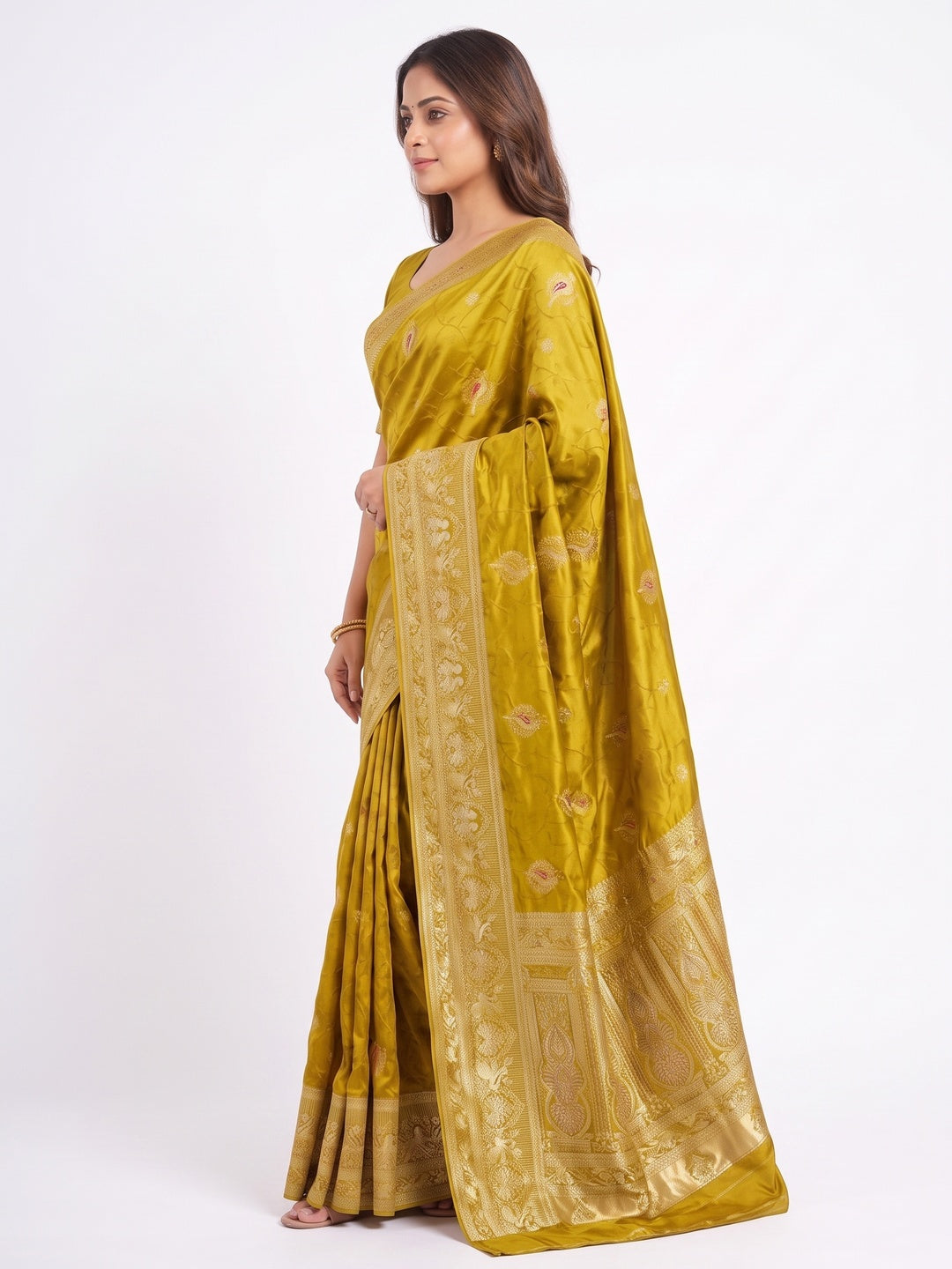 Elegant Olive Organza Satin Silk Zari Work Saree - Image 3