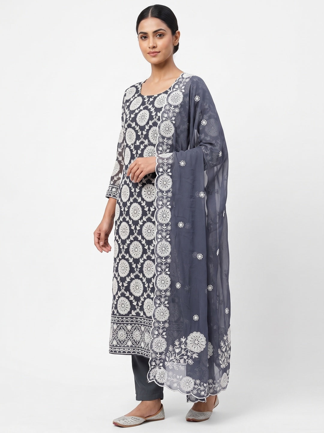 Classic Dark Grey Floral Thread Embroidered Georgette Dress Material With Timeless Appeal - Image 1
