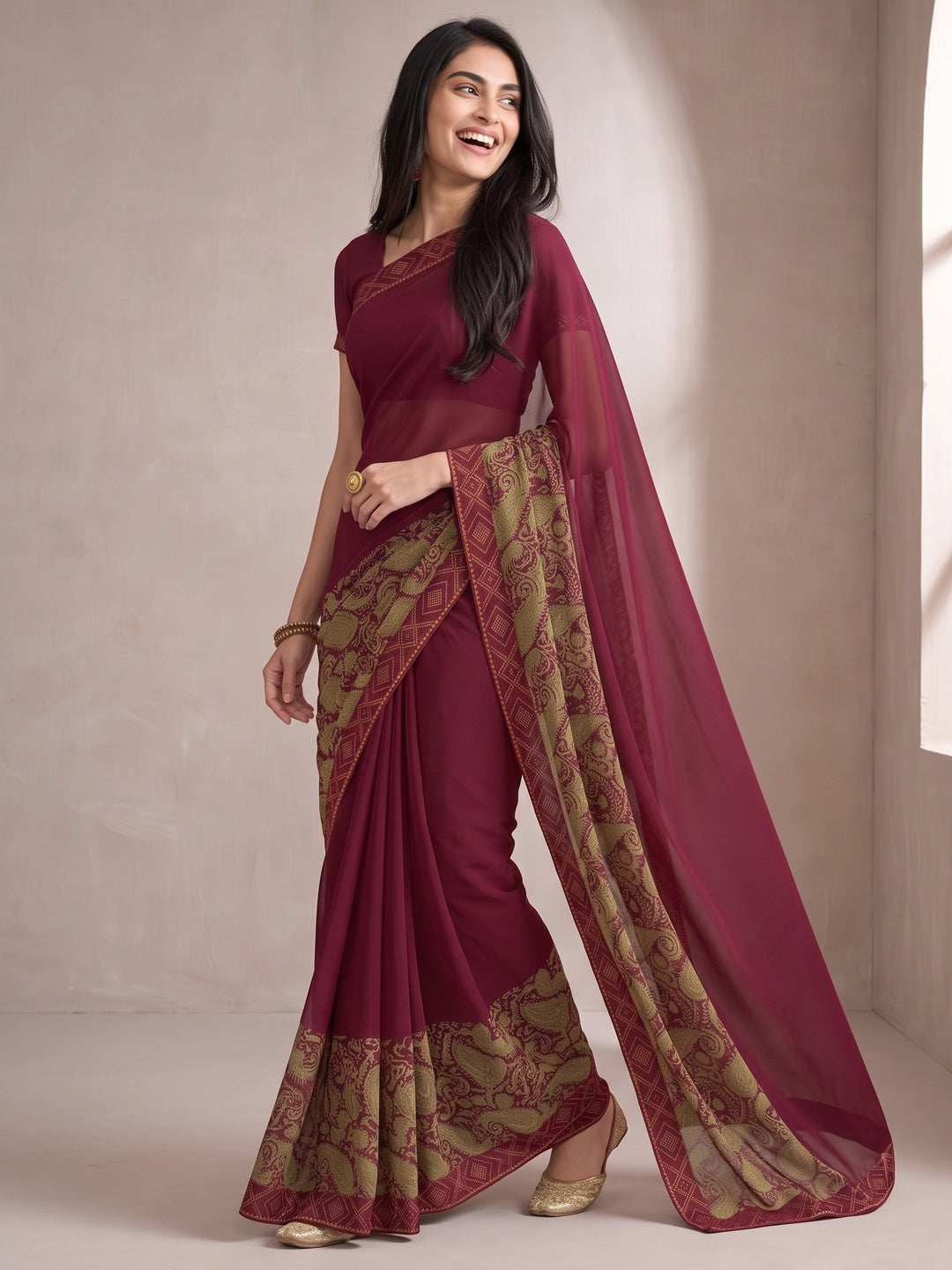 Maroon Printed Georgette Saree With Lace Border - Image 4