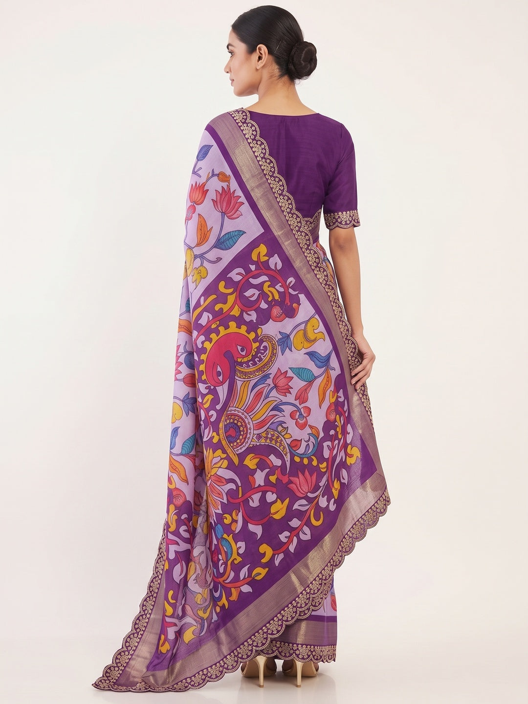 Lavender Floral Printed Dola Silk Saree With Sequins Border - Image 2