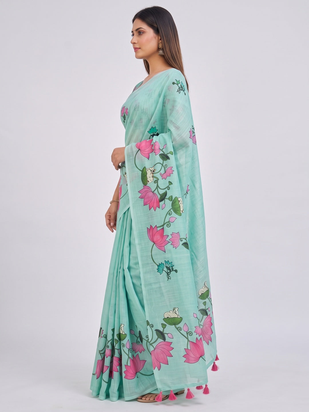Luxurious Sea Green Pichwai Printed Linen Cotton Saree with Decorative Fancy Latkan Pallu - Image 3