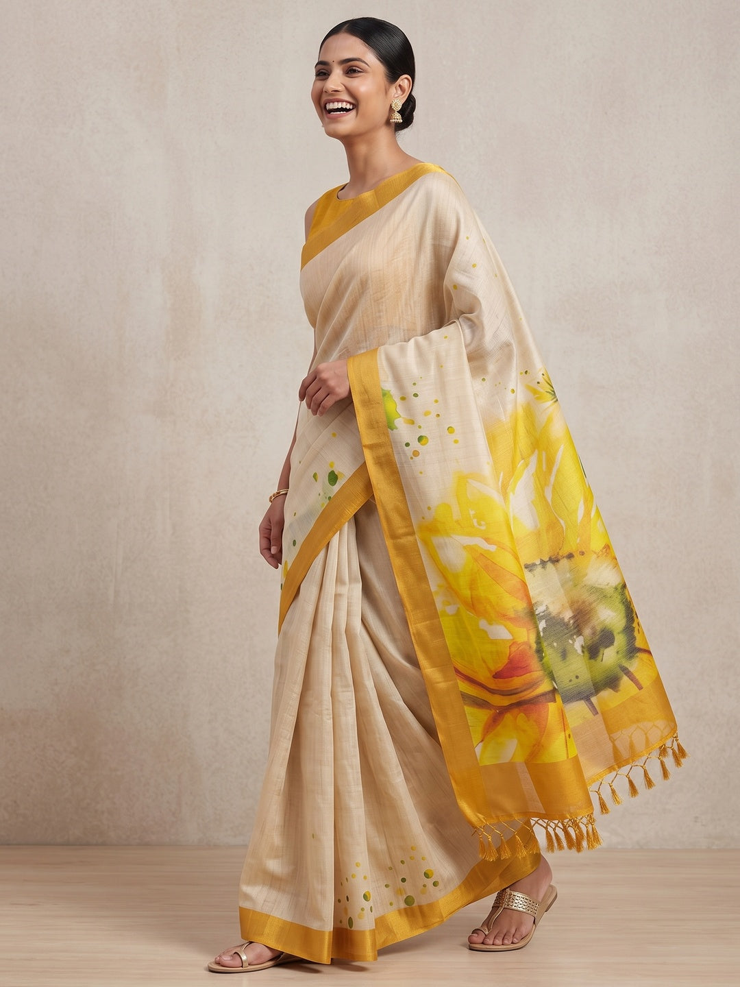 Beige Art Silk Saree with Soft Floral Printing - Image 4