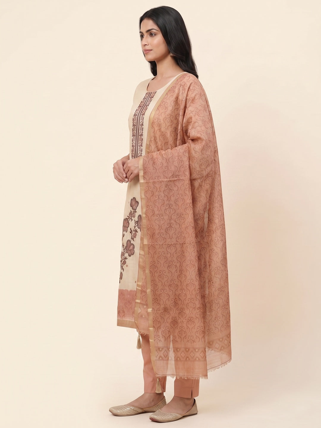 Peachmode Peach Linen Dress Material with Floral Print - Image 3