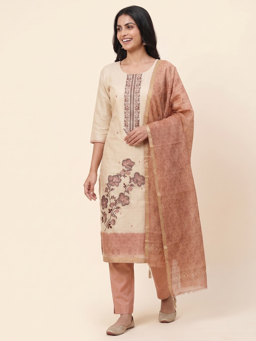 Peachmode Peach Linen Dress Material with Floral Print - Image 4