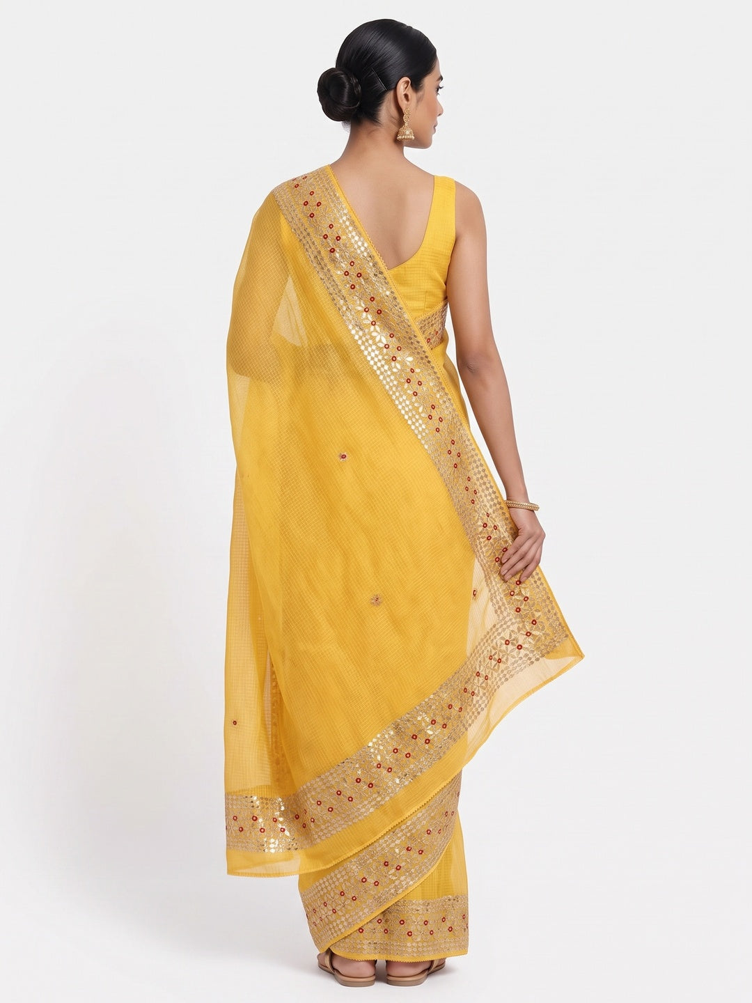 Yellow Ethnic Kota Doria Saree Designed with Beautiful Traditional Gota Embroidery - Image 3