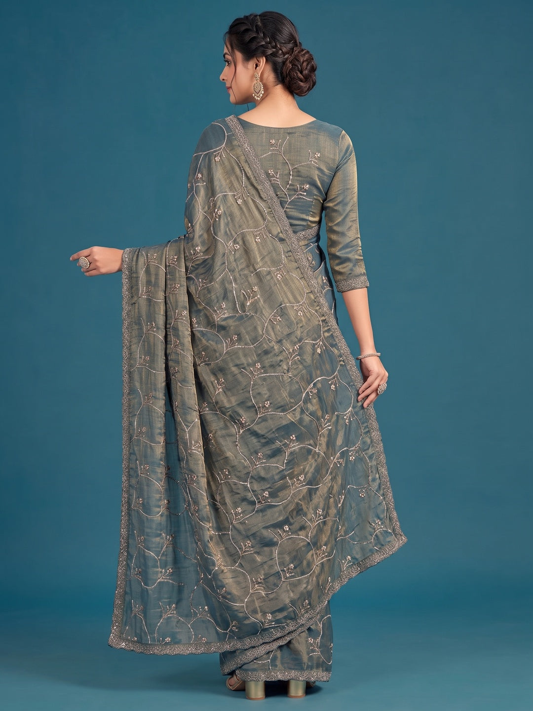 Peachmode Teal Satin Silk Saree with Stone Work Border - Image 2