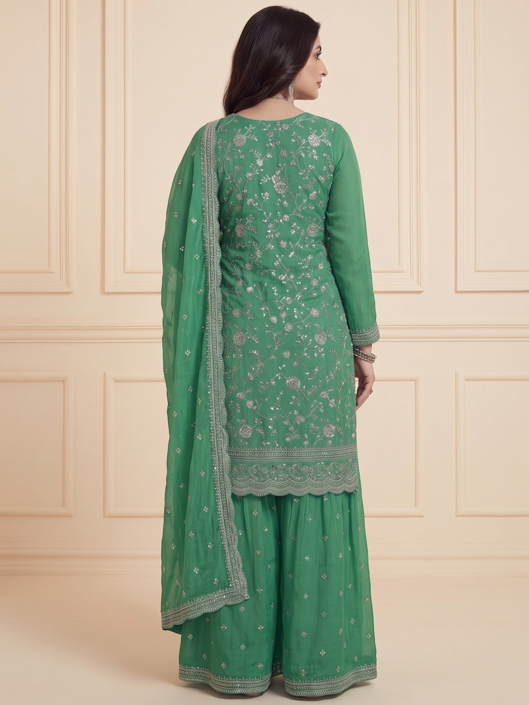 Green Floral Embroidered Chinon Semi Stitched Sharara Suit - Image 2