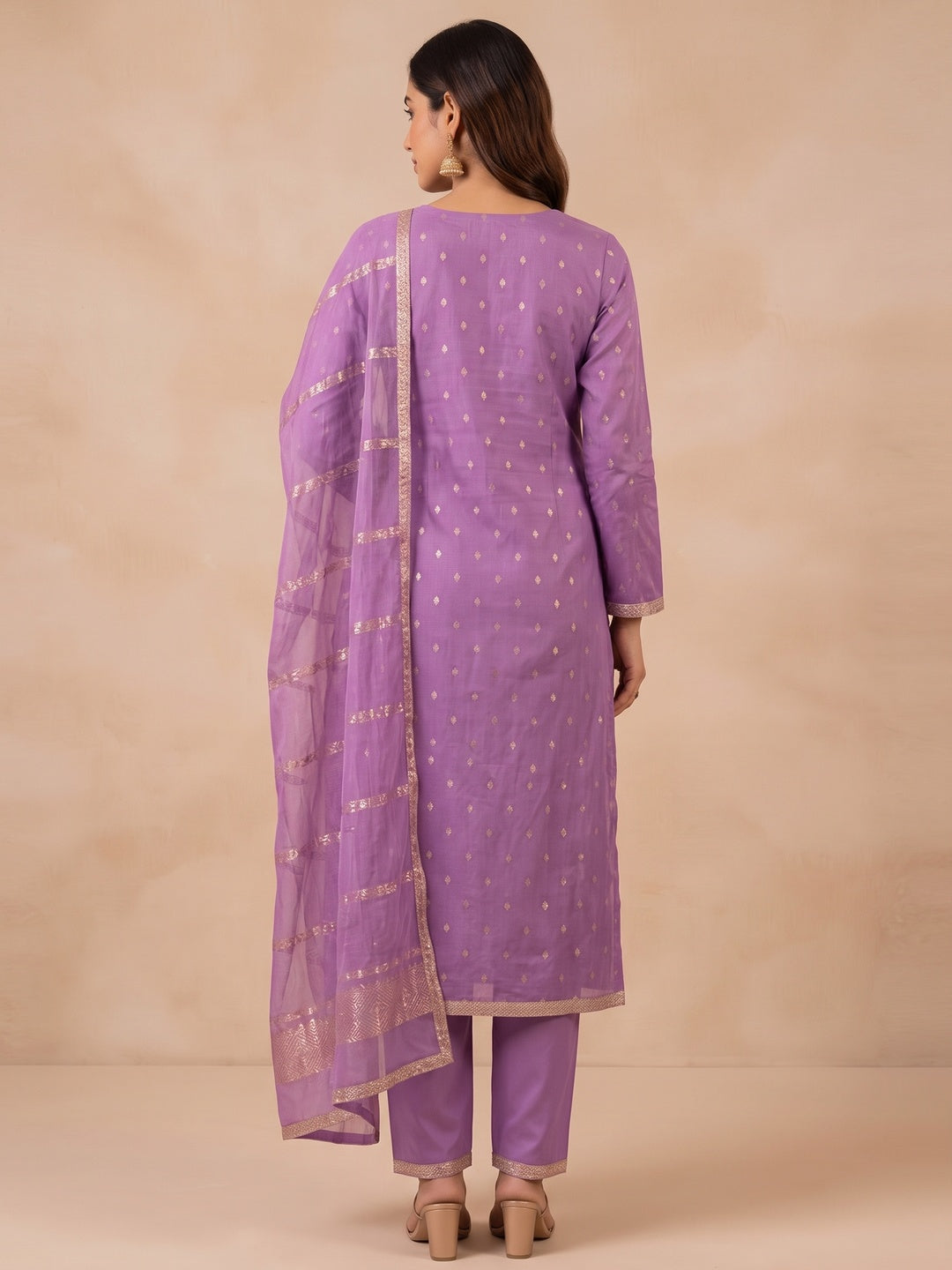 Peachmode Purple Shimmer Silk Dress Material with Embroidered Dupatta - Image 2